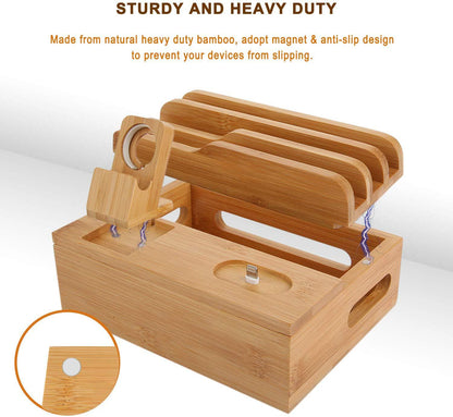 Bamboo Charging Station for Multiple Devices – Wireless Qi Charger, 7 - Port USB, Watch Stand, Desk Organizer - GiftMira