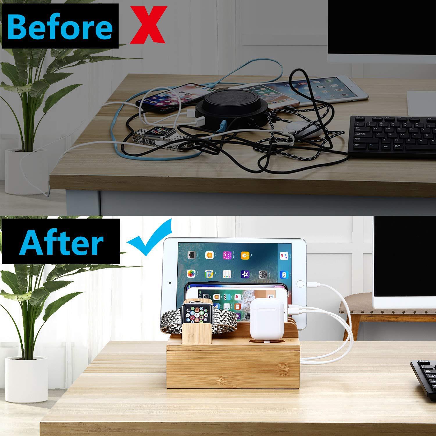 Bamboo Charging Station for Multiple Devices – Wireless Qi Charger, 7 - Port USB, Watch Stand, Desk Organizer - GiftMira
