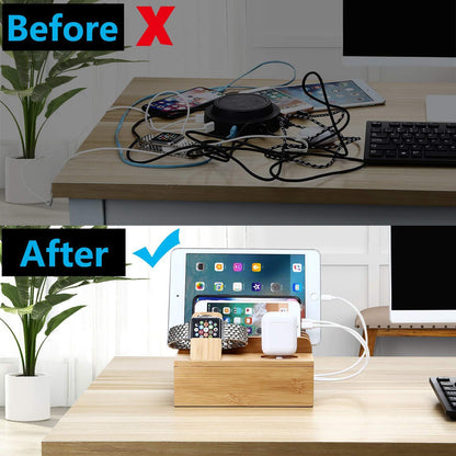 Bamboo Charging Station for Multiple Devices – Wireless Qi Charger, 7 - Port USB, Watch Stand, Desk Organizer - GiftMira