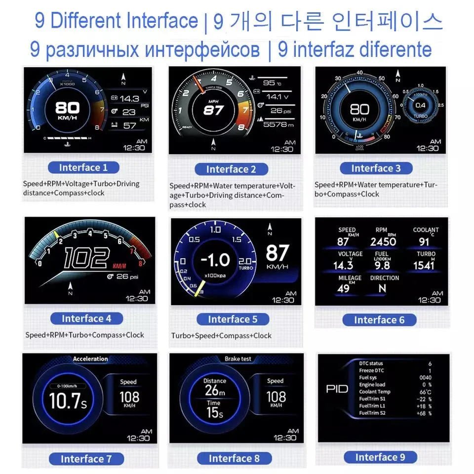 Car Head Up Display OBD2 Smart HUD Turbo Gauge RPM Speedometer Water Oil Temp Alarm - GiftMira