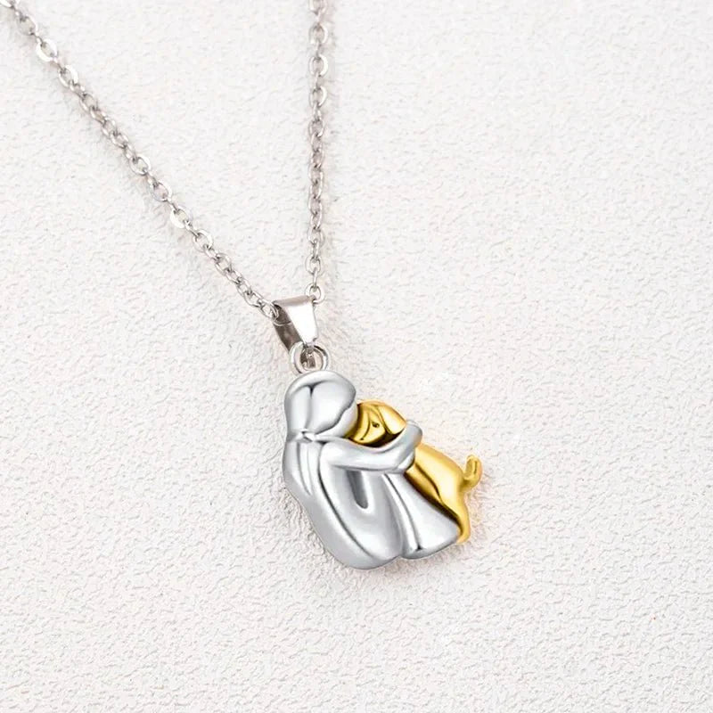 Cute Two - Tone Girl Hugging Dog Necklace | Handcrafted Pet Lover Pendant - GiftMira