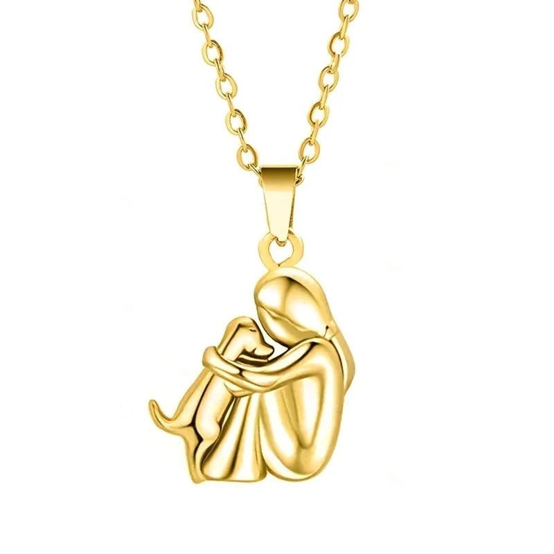 Cute Two - Tone Girl Hugging Dog Necklace | Handcrafted Pet Lover Pendant - GiftMira