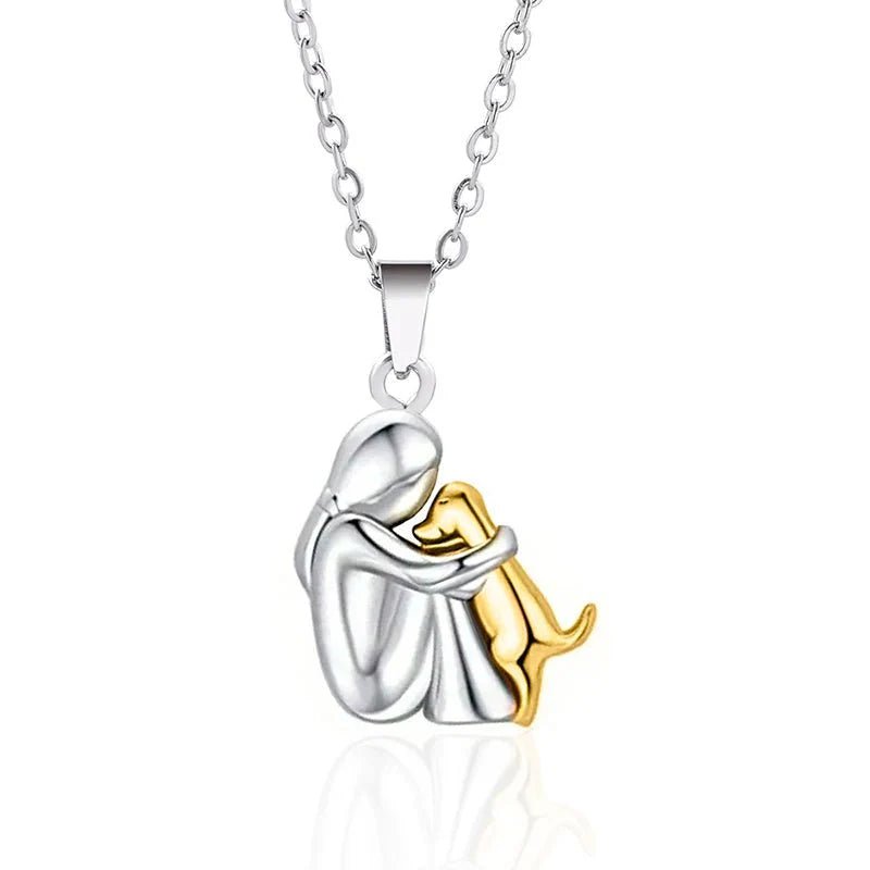 Cute Two - Tone Girl Hugging Dog Necklace | Handcrafted Pet Lover Pendant - GiftMira