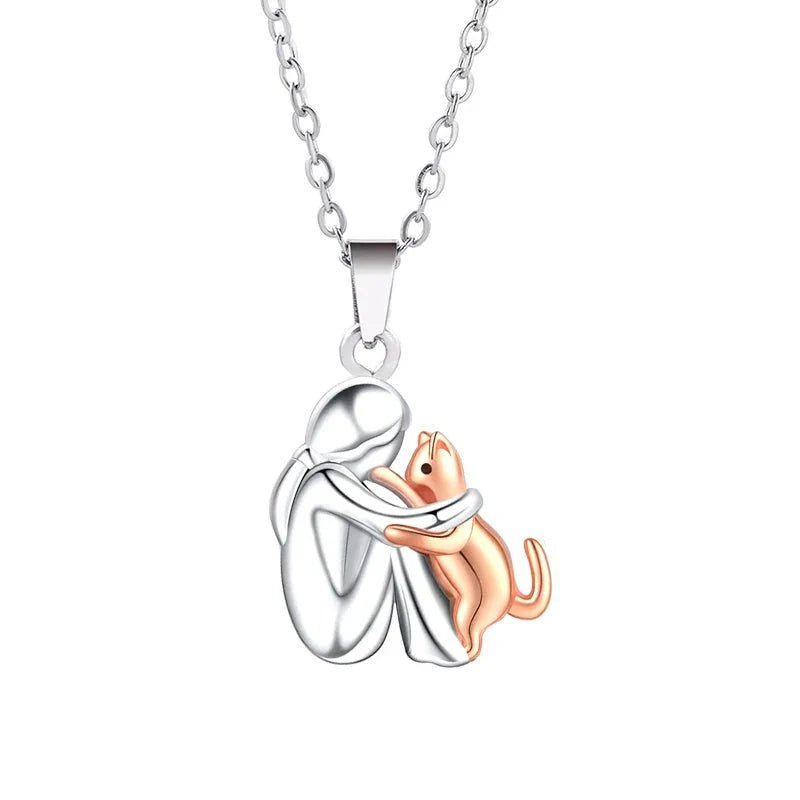 Cute Two - Tone Girl Hugging Dog Necklace | Handcrafted Pet Lover Pendant - GiftMira
