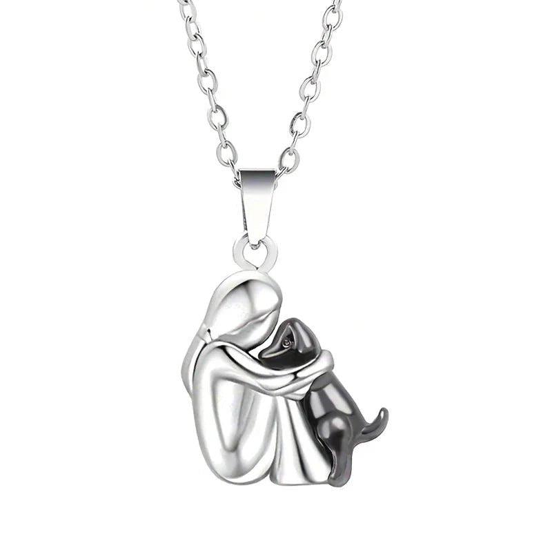 Cute Two - Tone Girl Hugging Dog Necklace | Handcrafted Pet Lover Pendant - GiftMira