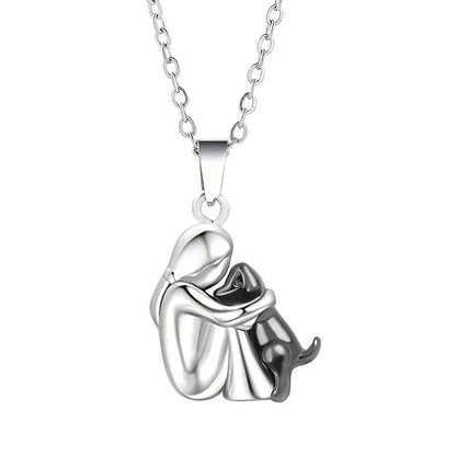 Cute Two - Tone Girl Hugging Dog Necklace | Handcrafted Pet Lover Pendant - GiftMira