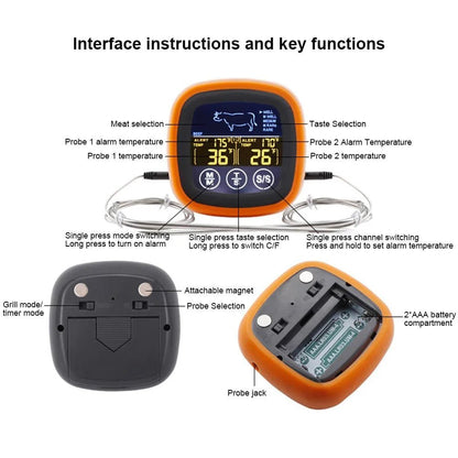 Dual Probe Digital Kitchen Meat Thermometer Touch Screen BBQ Food Temperature Gauge with Timer - GiftMira