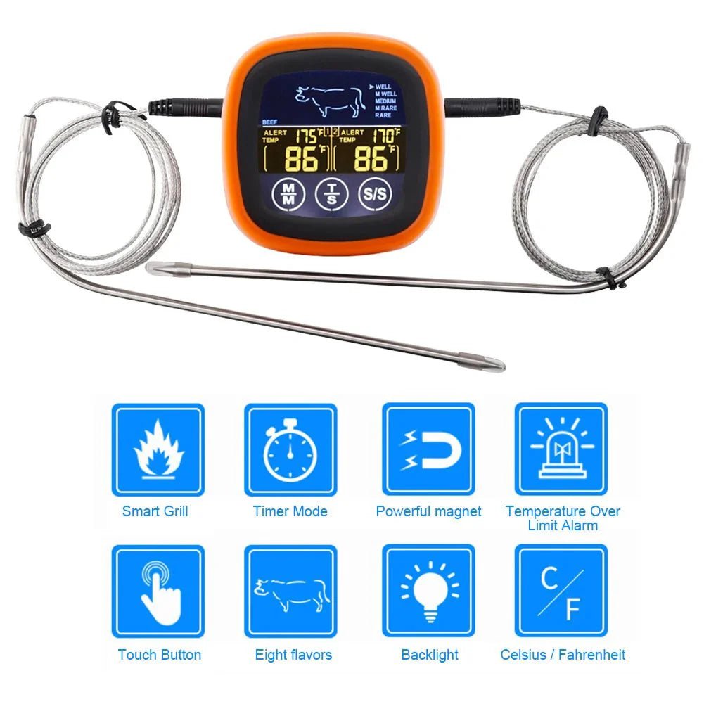 Dual Probe Digital Kitchen Meat Thermometer Touch Screen BBQ Food Temperature Gauge with Timer - GiftMira