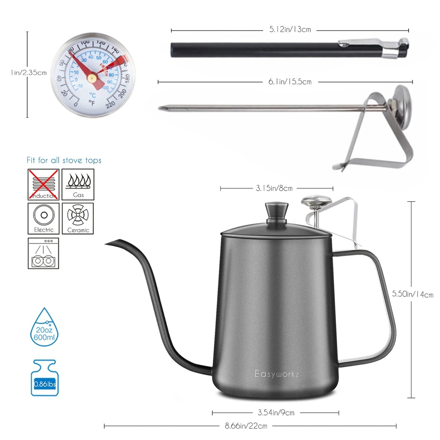 Easyworkz Gage Gooseneck Stainless Steel Pour Over Coffee Kettle - Coffee Pot With Long Narrow Spout - GiftMira