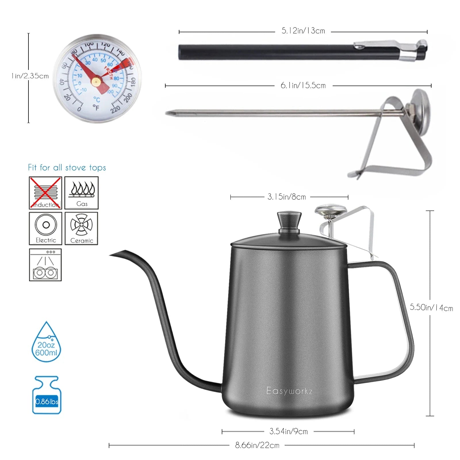 Easyworkz Gage Gooseneck Stainless Steel Pour Over Coffee Kettle - Coffee Pot With Long Narrow Spout - GiftMira