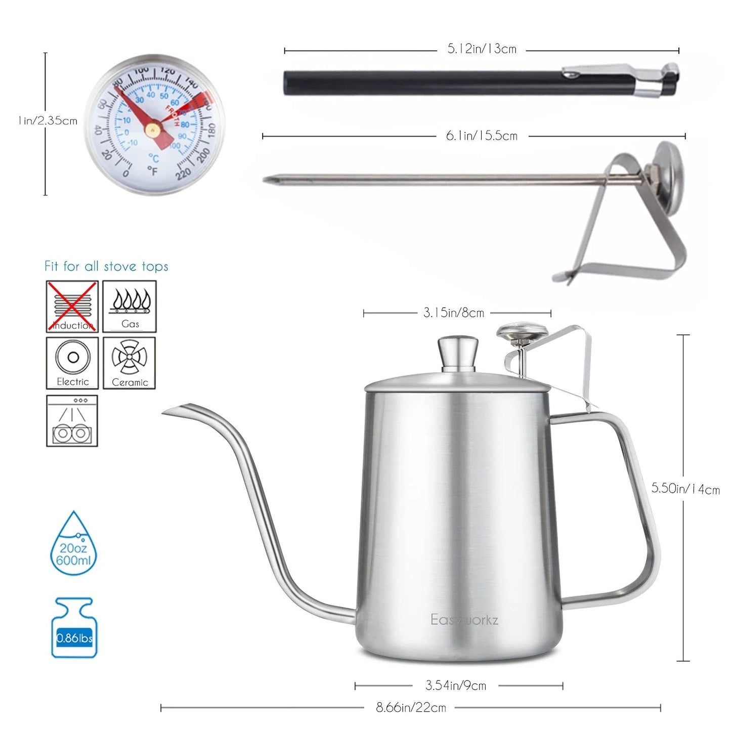 Easyworkz Gage Gooseneck Stainless Steel Pour Over Coffee Kettle - Coffee Pot With Long Narrow Spout - GiftMira