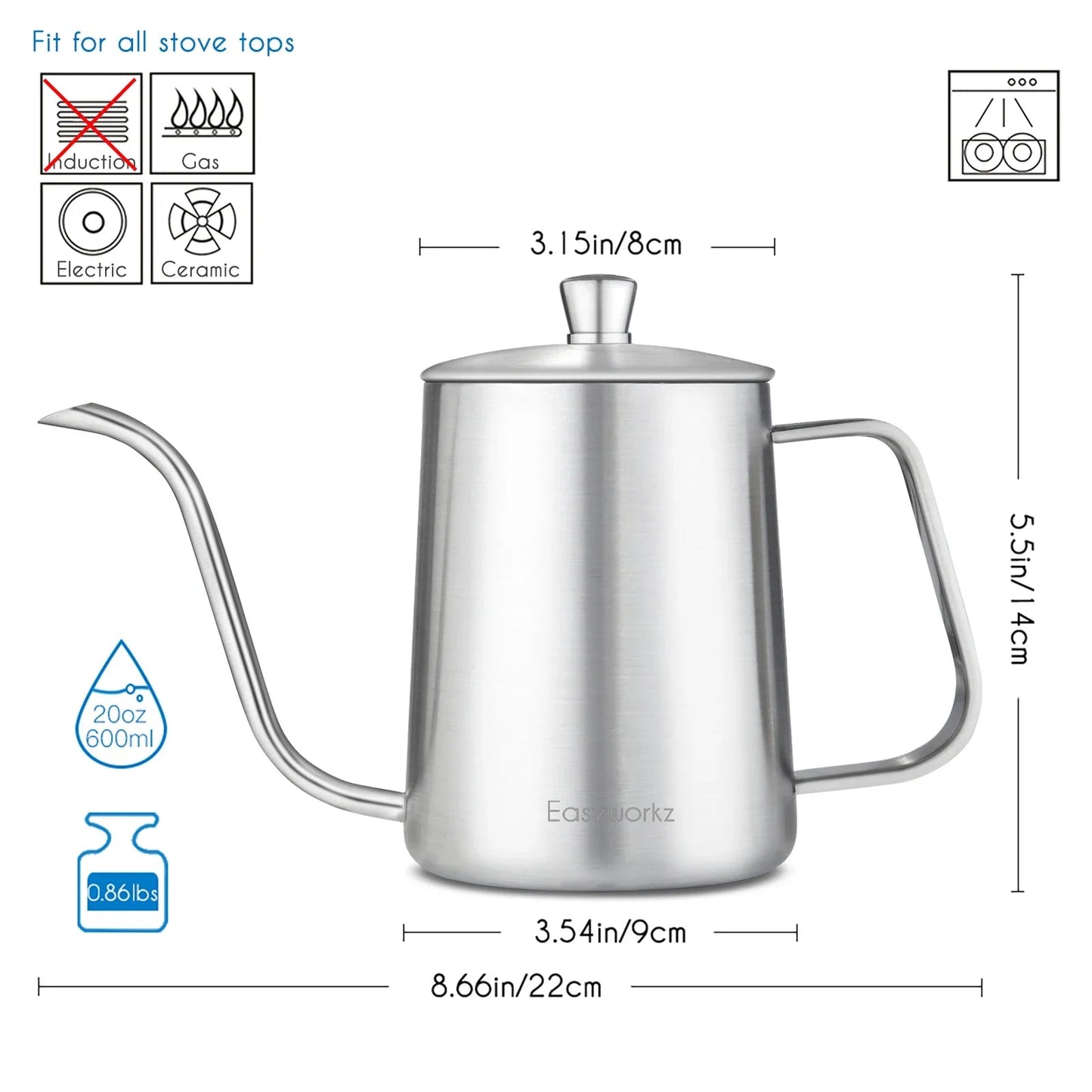 Easyworkz Gage Gooseneck Stainless Steel Pour Over Coffee Kettle - Coffee Pot With Long Narrow Spout - GiftMira