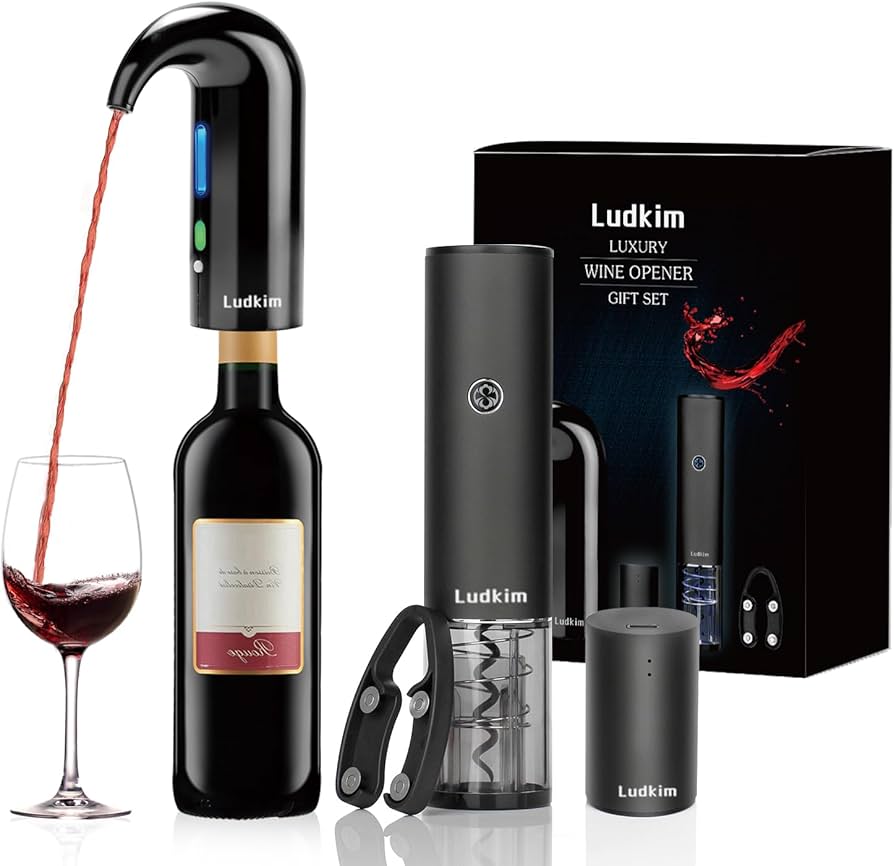 Electric Wine Opener Gift Set 7 - in - 1, Rechargeable Automatic Corkscrew with Foil Cutter Aerator Stoppers - GiftMira