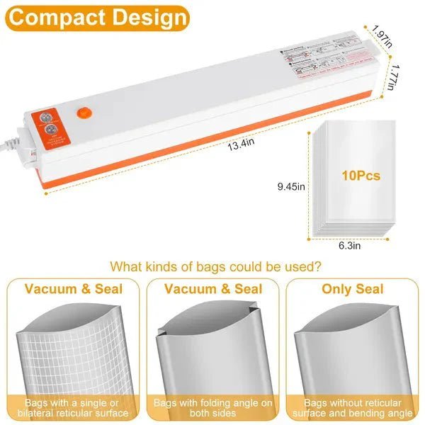 Food Vacuum Sealer Machine with Bags – 60kPa Auto Sealer, 3 Modes, Bag Roll Storage, Compact Kitchen Gift - GiftMira