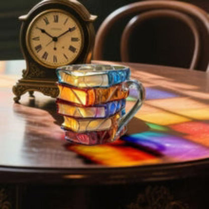 Handmade 3D Glass Book Mug – Artistic Painted Book Stack Coffee Tea Cup for Book Lovers 350ml - GiftMira