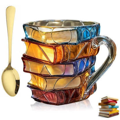 Handmade 3D Glass Book Mug – Artistic Painted Book Stack Coffee Tea Cup for Book Lovers 350ml - GiftMira