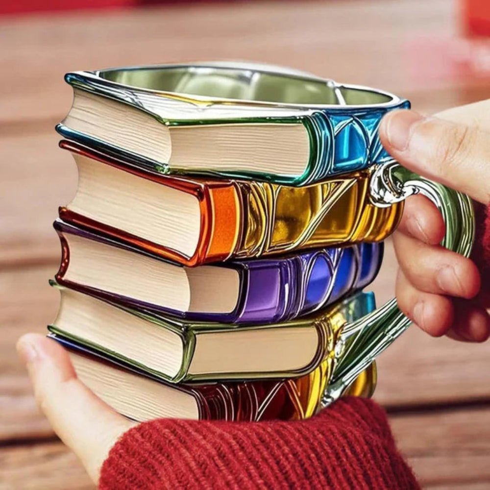 Handmade 3D Glass Book Mug – Artistic Painted Book Stack Coffee Tea Cup for Book Lovers 350ml - GiftMira