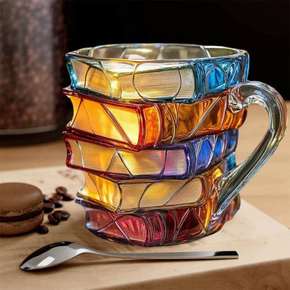 Handmade 3D Glass Book Mug – Artistic Painted Book Stack Coffee Tea Cup for Book Lovers 350ml - GiftMira