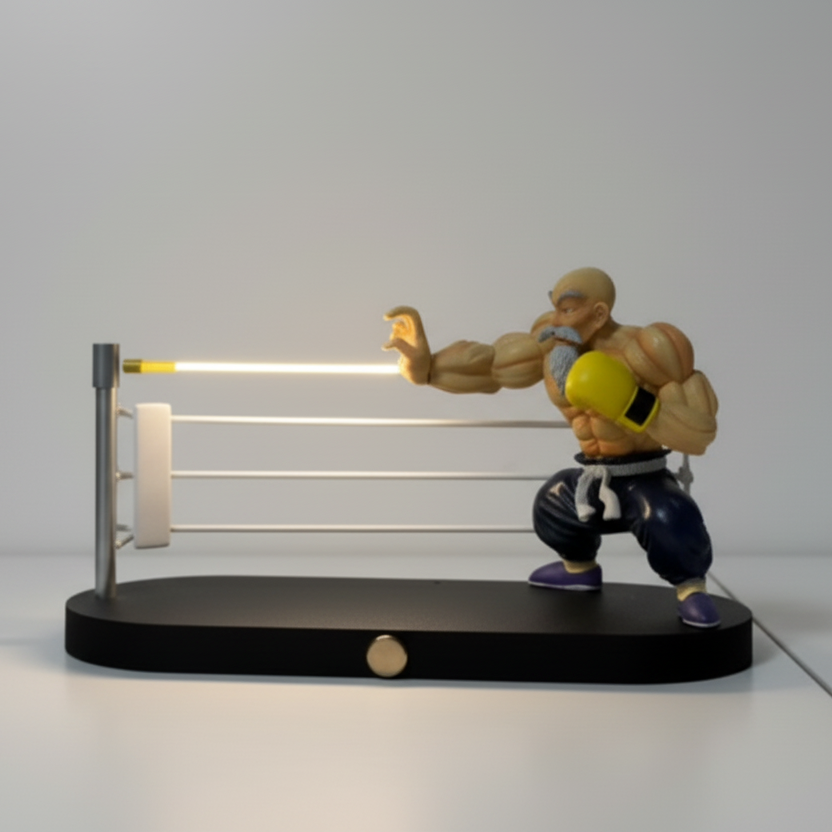 Action figure of a muscular character with a light saber on a stand against a plain background