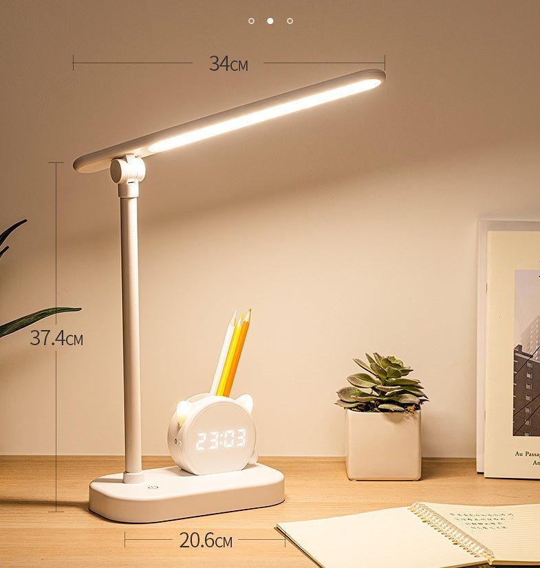 LED Desk Lamp with Pen Holder & Digital Clock, USB Charging Eye Protection Table Lamp for Bedroom Bedside Study Light - GiftMira