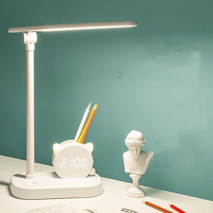 LED Desk Lamp with Pen Holder & Digital Clock, USB Charging Eye Protection Table Lamp for Bedroom Bedside Study Light - GiftMira