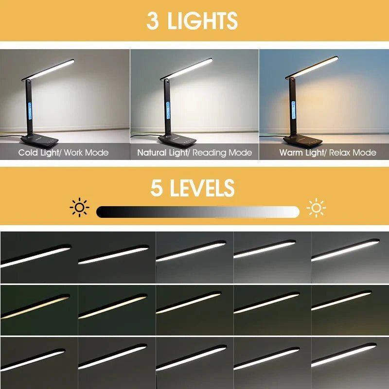 LED Desk Lamp with Wireless Charging – 10W Qi Fast Charge Dimmable Touch Control USB Port Clock - GiftMira