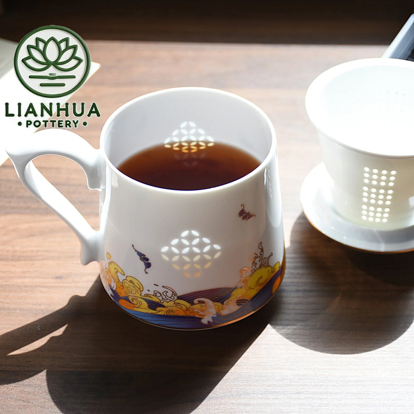 LIANHUA POTTERY Handcrafted Linglong Porcelain Mug with Tea Strainer - GiftMira