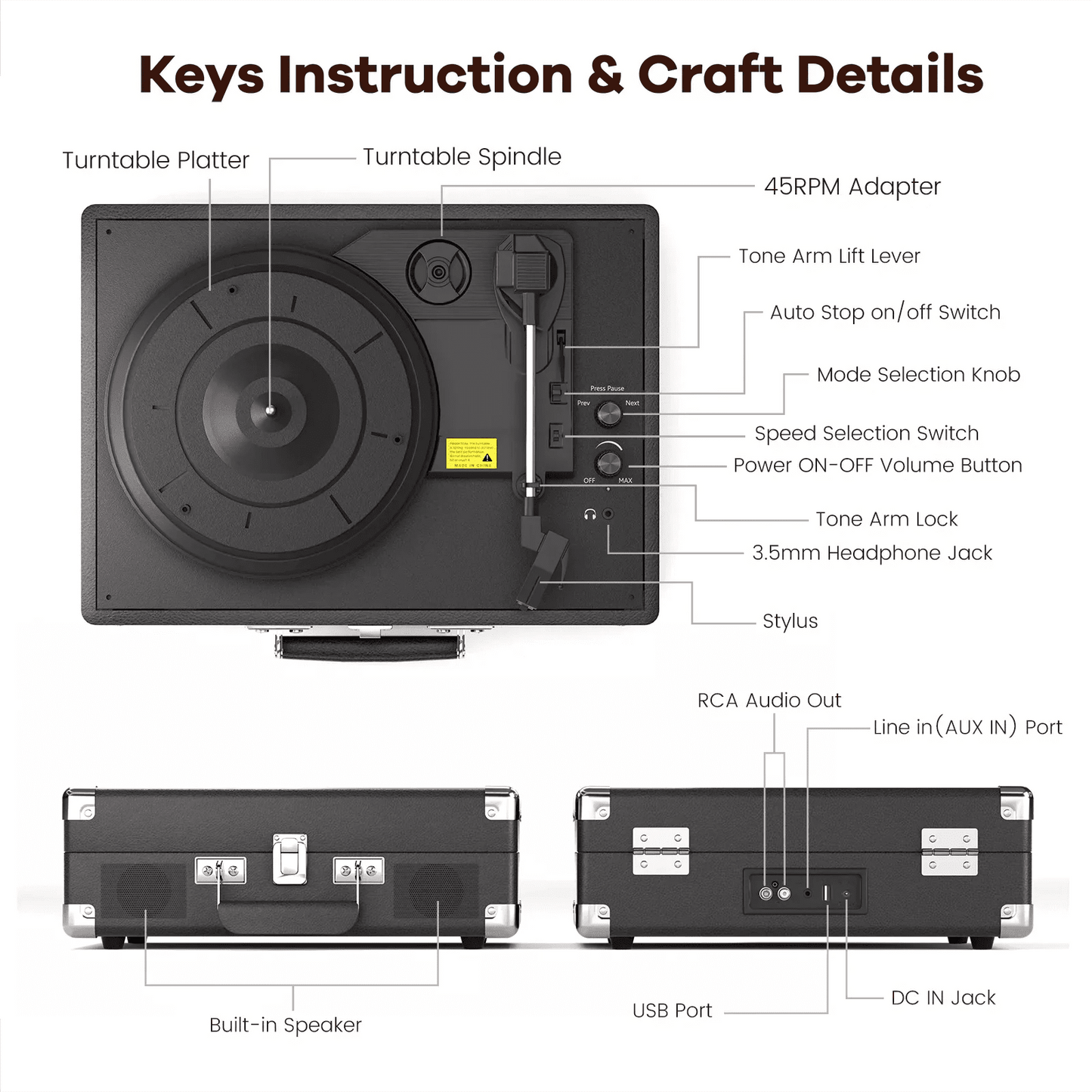 Maio Vintage Gramophone: Belt - Driven Turntable with Built - in Speakers - GiftMira