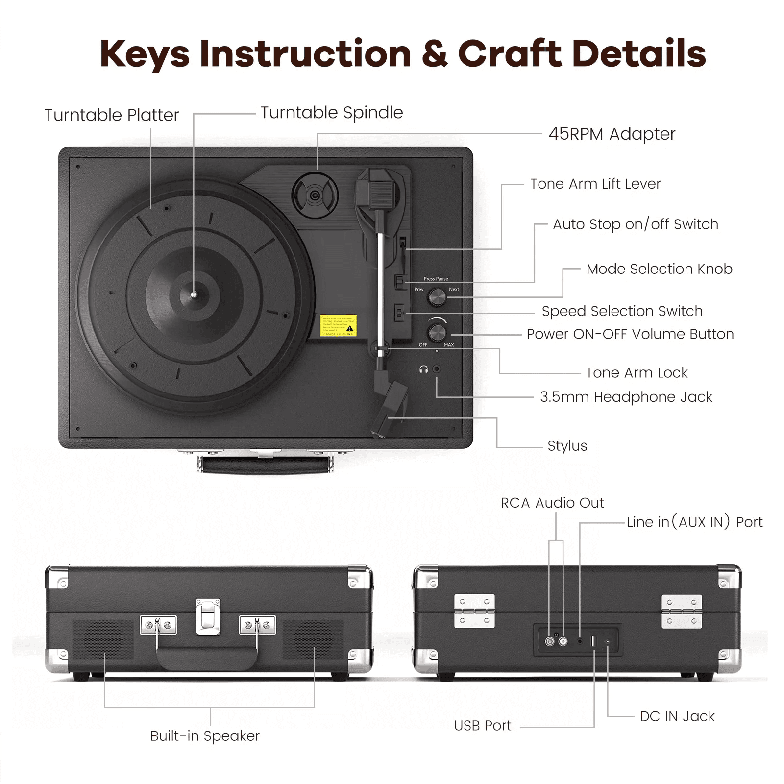 Maio Vintage Gramophone: Belt - Driven Turntable with Built - in Speakers - GiftMira