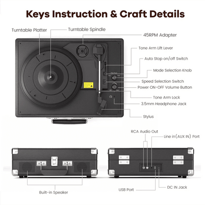 Maio Vintage Gramophone: Belt - Driven Turntable with Built - in Speakers - GiftMira