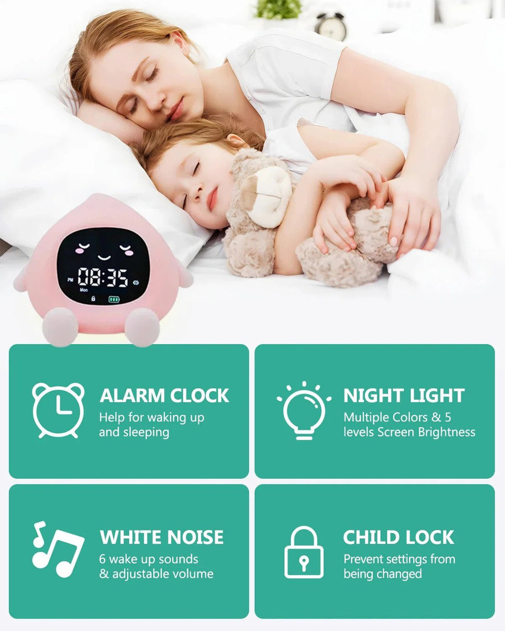 ORIA Kids Alarm Clock – Smart Sleep Training & 9 - Color LED Night Light - GiftMira