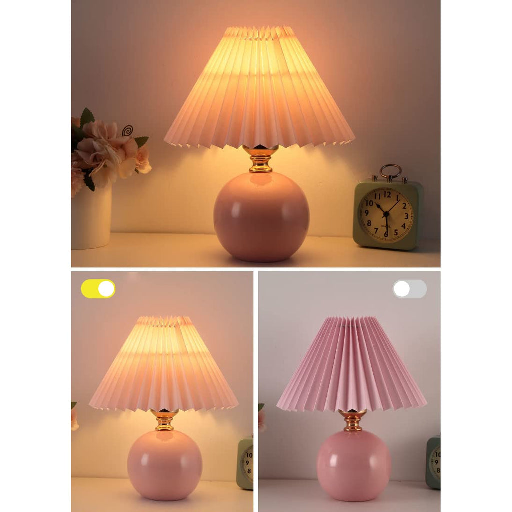 Pleated Table Lamp Ceramic Base Warm Ambient Farmhouse Bedside Desk Accent Light Bedroom - GiftMira