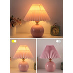 Pleated Table Lamp Ceramic Base Warm Ambient Farmhouse Bedside Desk Accent Light Bedroom - GiftMira