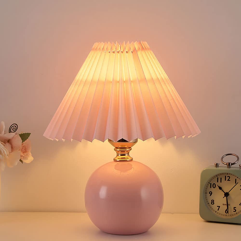Pleated Table Lamp Ceramic Base Warm Ambient Farmhouse Bedside Desk Accent Light Bedroom - GiftMira