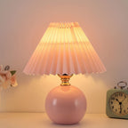 Pleated Table Lamp Ceramic Base Warm Ambient Farmhouse Bedside Desk Accent Light Bedroom - GiftMira