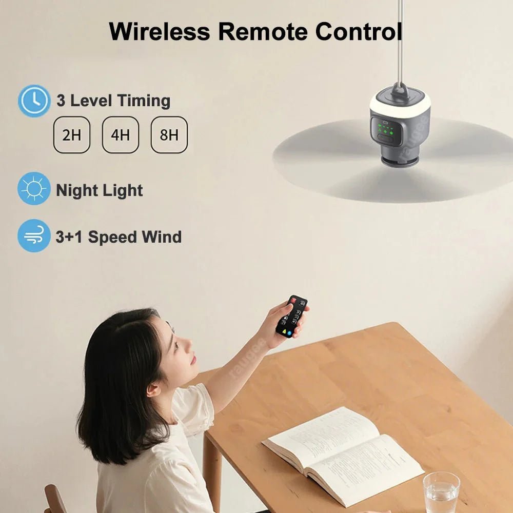 Portable Camping Ceiling Fan – 12000mAh Rechargeable, LED Lantern, Remote Control, 30H Battery, USB - C, RV/Tent - GiftMira