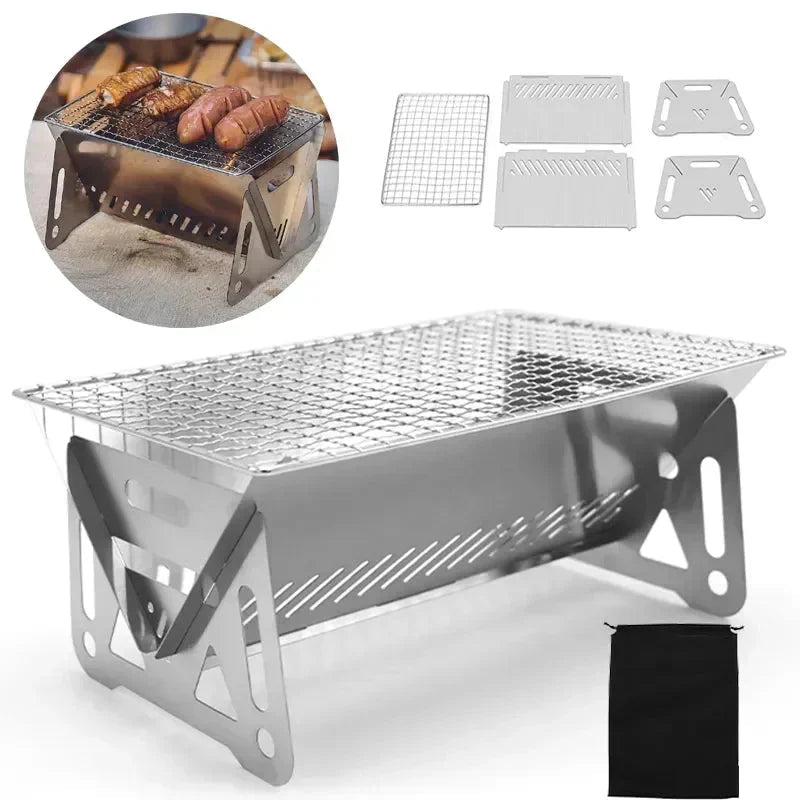 Portable Folding Charcoal Grill Stainless Steel Camping BBQ Outdoor Compact with Carry Bag - GiftMira