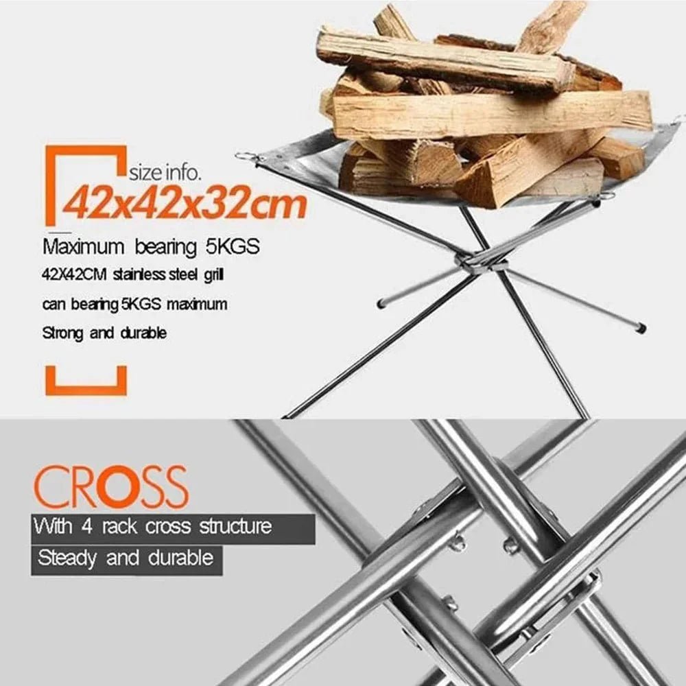 Portable Stainless Steel Fire Pit Grill Foldable Camping BBQ Bonfire Rack Outdoor Wood Stove Stand - GiftMira