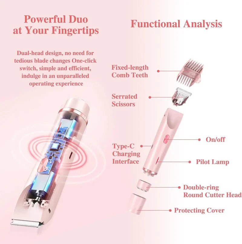 PureGlide 2 in 1 Electric Bikini Trimmer Shaver for Women, Dual Head Wet & Dry Hair Razor Waterproof with Detachable Heads - GiftMira