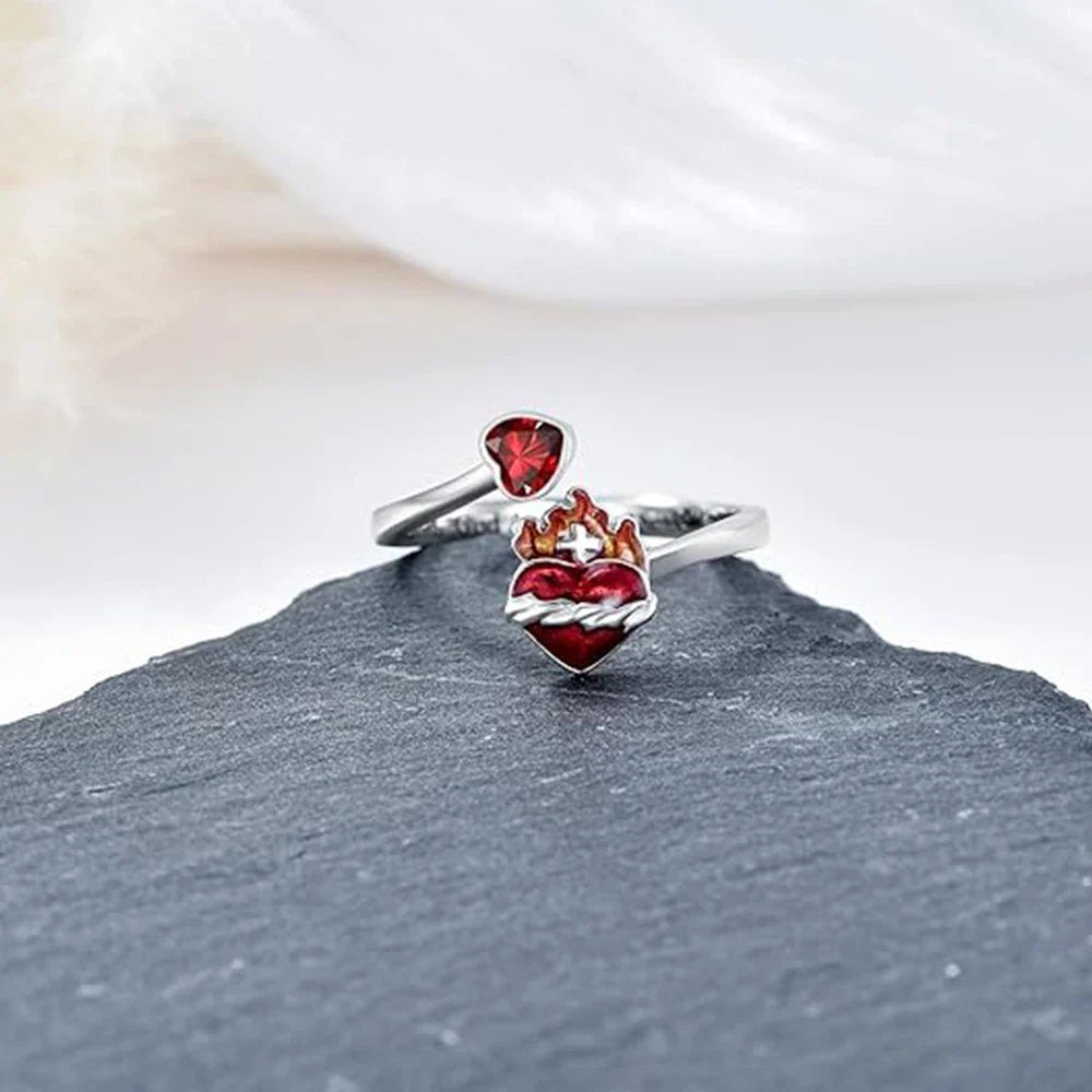 Radiant Ignite Flame - Red Heart Ring | Personalized Ruby - Embellished Open Ring - GiftMira