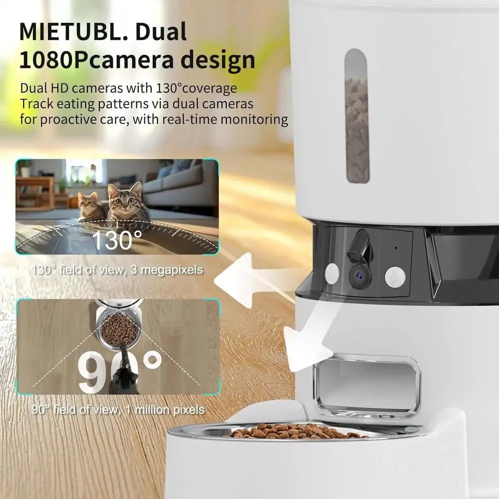 Smart Pet Feeder 4L Automatic Cat & Dog Food Dispenser with Dual HD Cameras WiFi 2 - Way Audio Night Vision - GiftMira