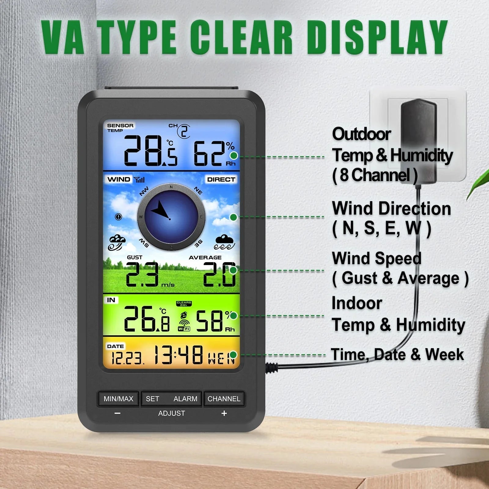 Smart Wireless Weather Station WiFi Indoor Outdoor Color Display Temperature Humidity Wind Rain - GiftMira