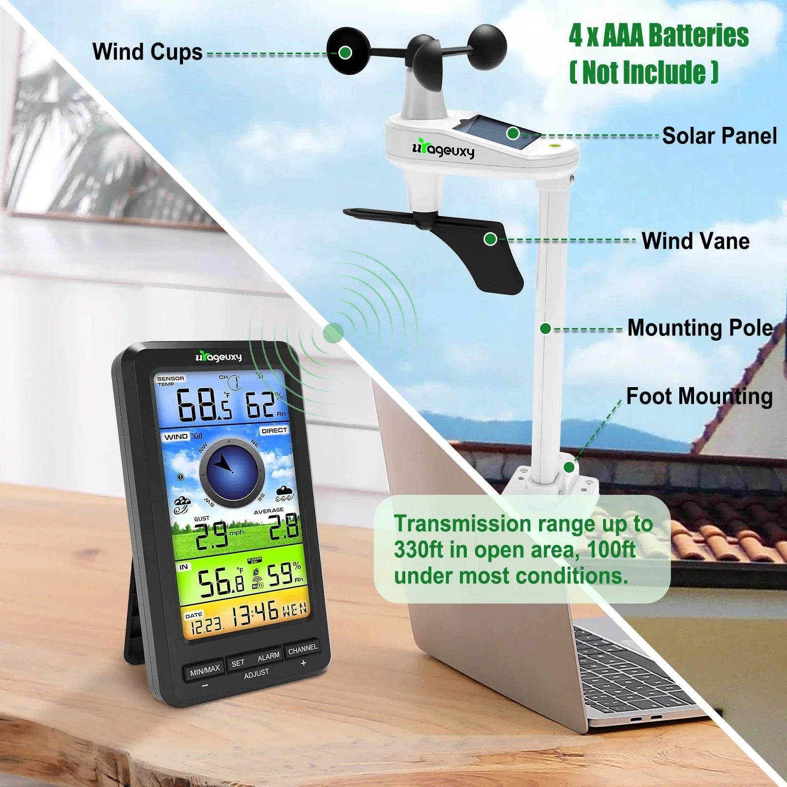Smart Wireless Weather Station WiFi Indoor Outdoor Color Display Temperature Humidity Wind Rain - GiftMira