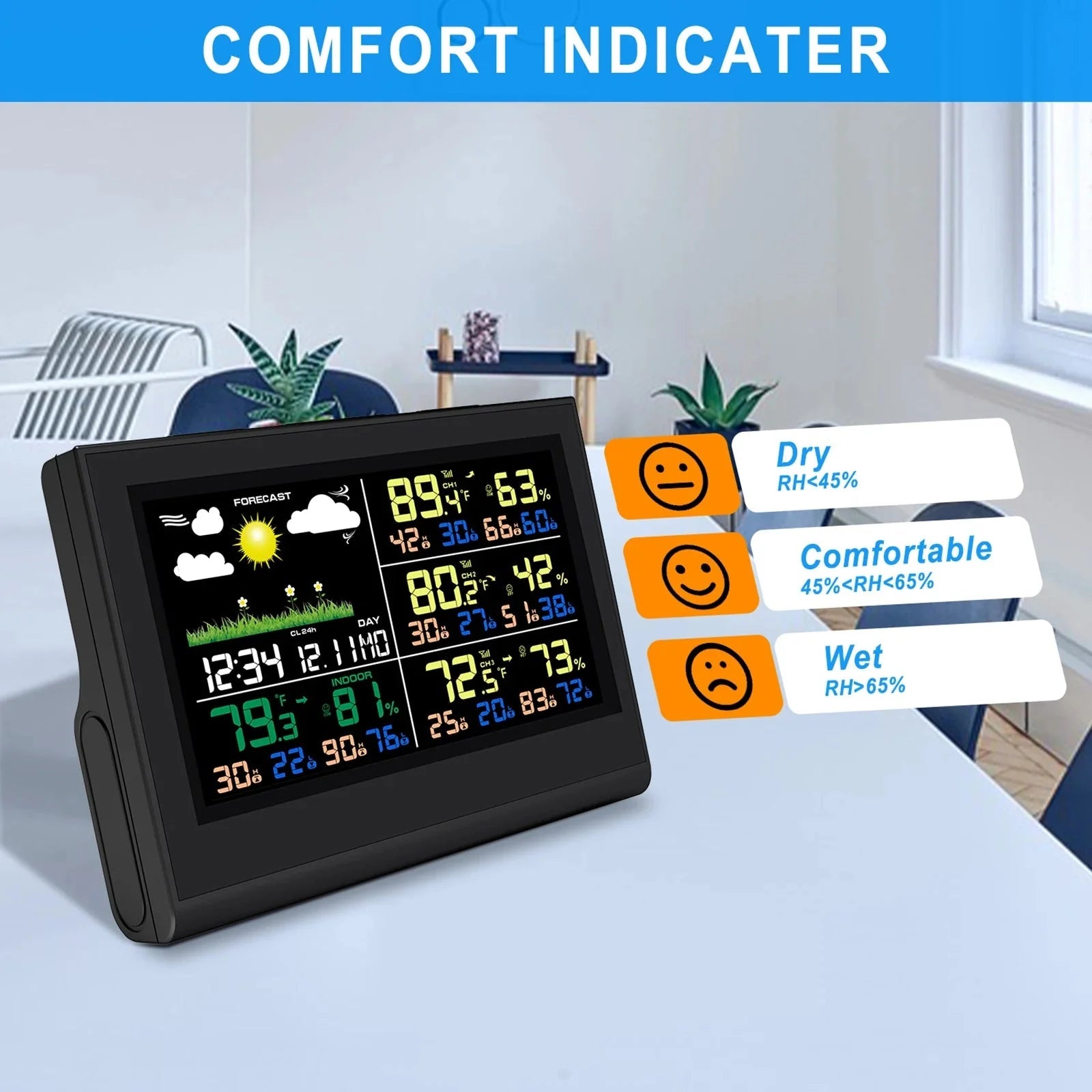 Smart Wireless Weather Station with 3 Sensors Large Color Display Indoor Outdoor Thermometer Hygrometer - GiftMira