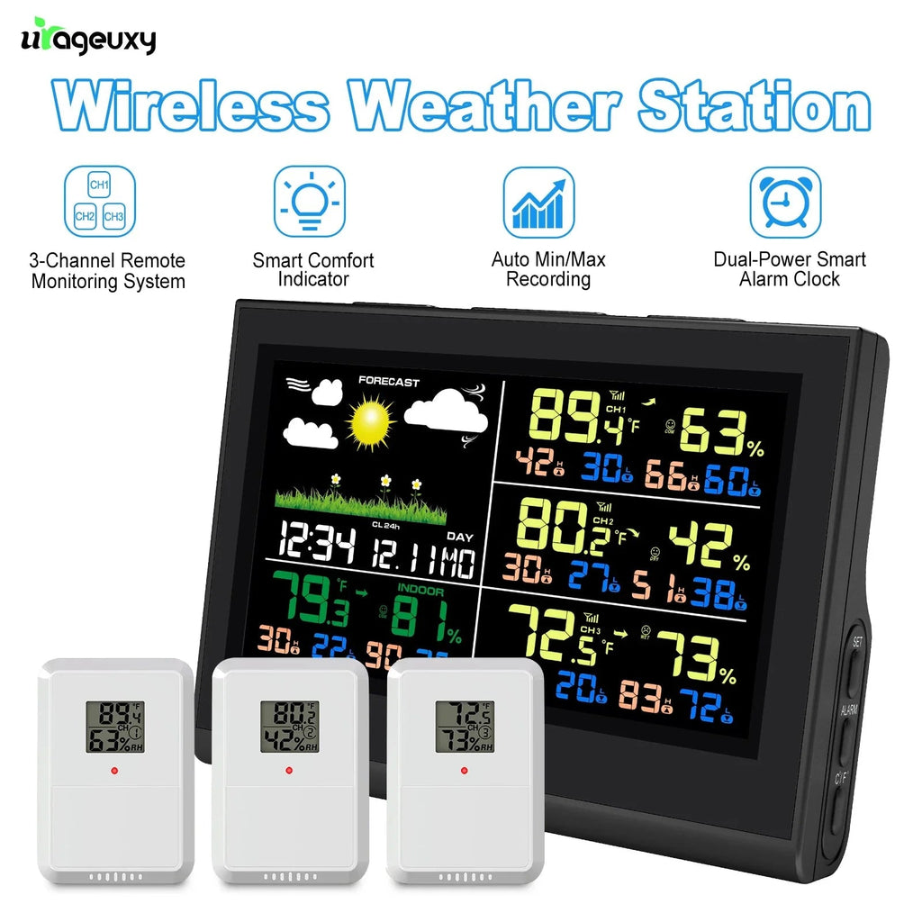 Smart Wireless Weather Station with 3 Sensors Large Color Display Indoor Outdoor Thermometer Hygrometer - GiftMira