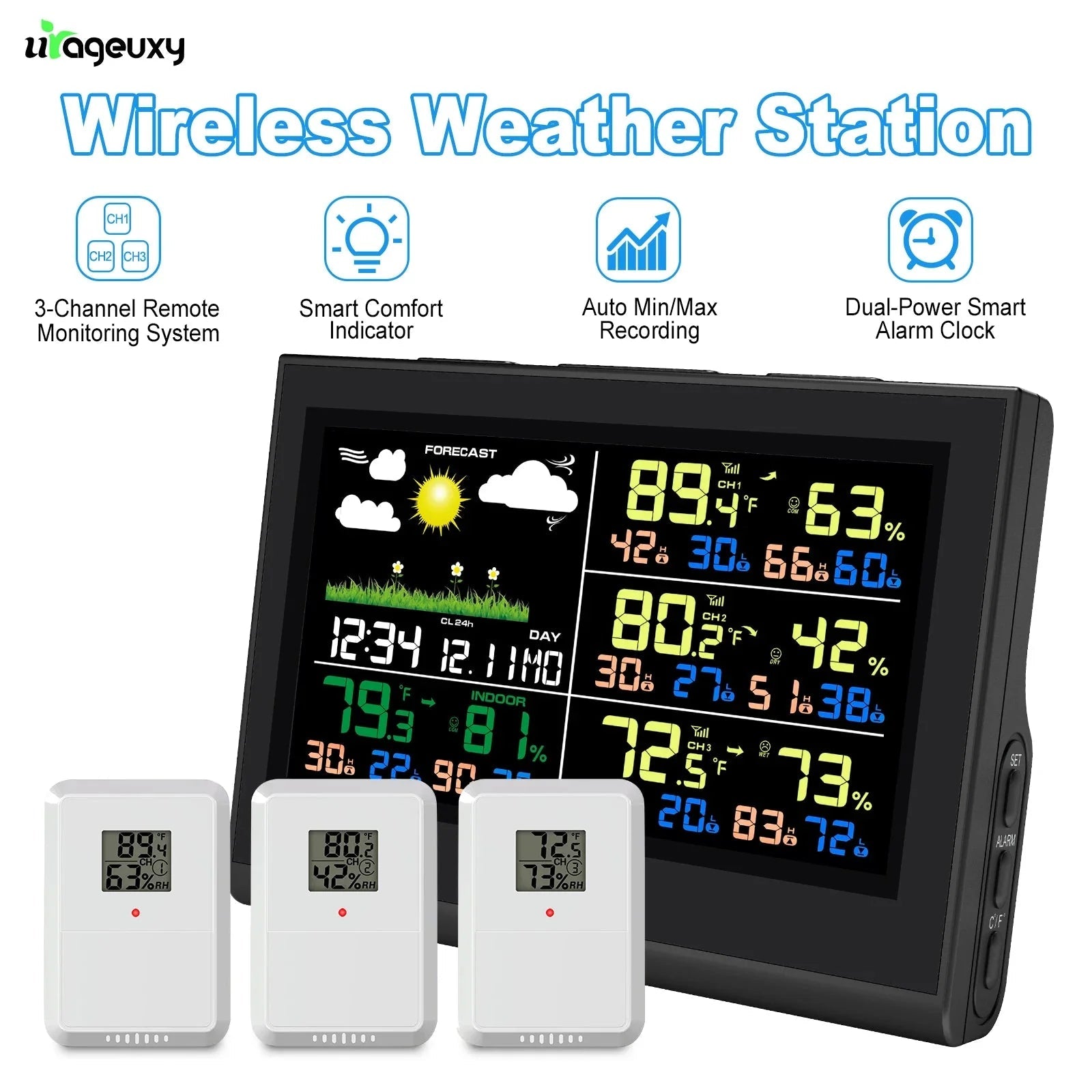 Smart Wireless Weather Station with 3 Sensors Large Color Display Indoor Outdoor Thermometer Hygrometer - GiftMira