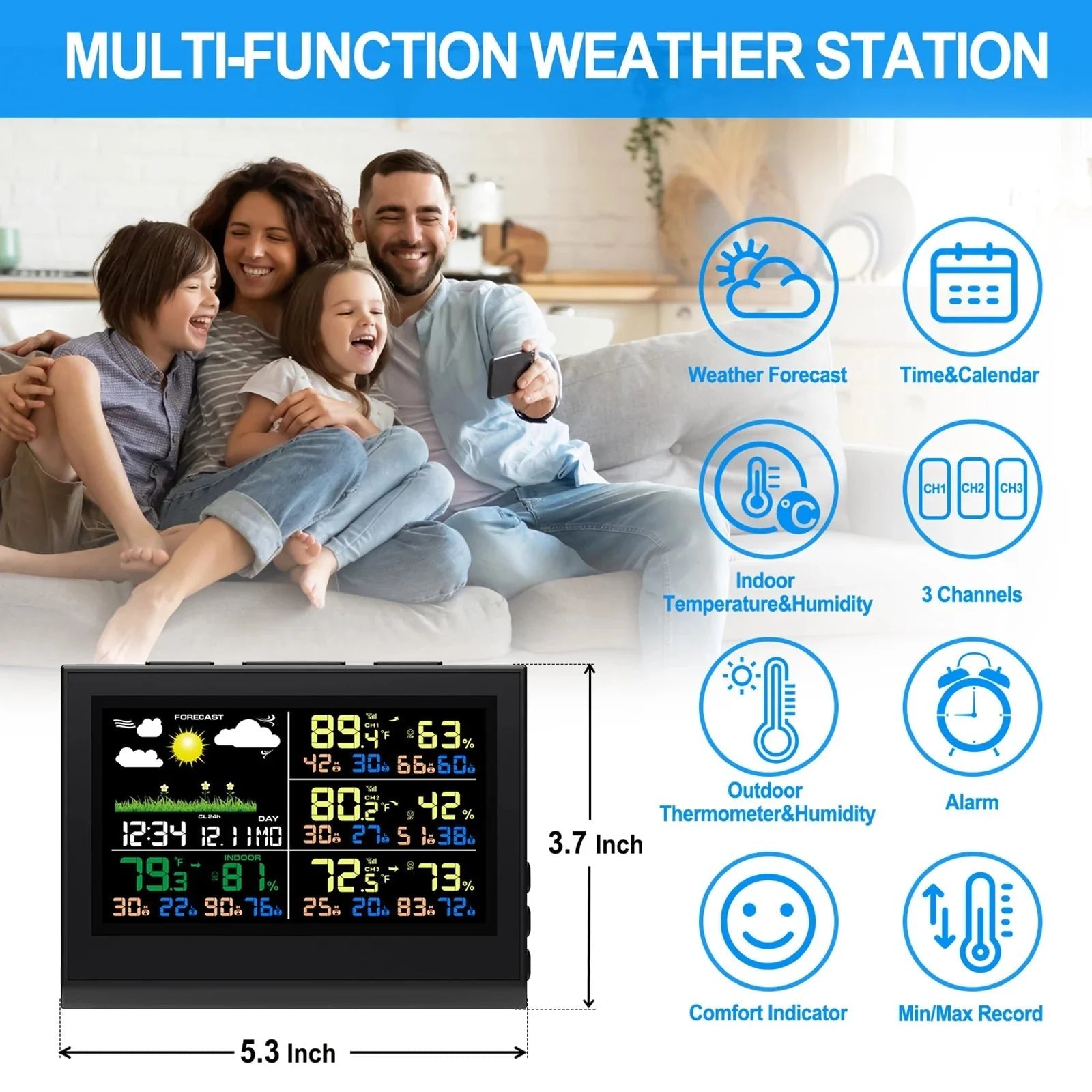 Smart Wireless Weather Station with 3 Sensors Large Color Display Indoor Outdoor Thermometer Hygrometer - GiftMira