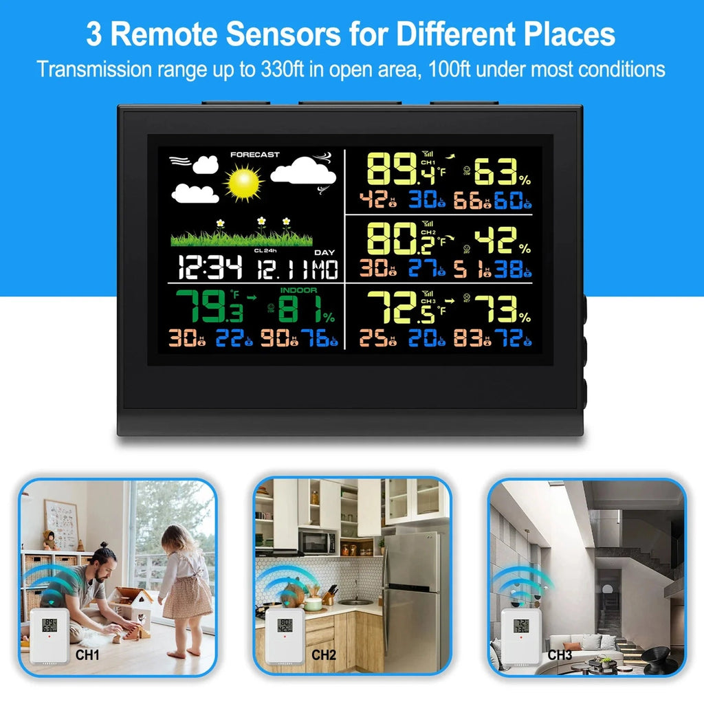 Smart Wireless Weather Station with 3 Sensors Large Color Display Indoor Outdoor Thermometer Hygrometer - GiftMira