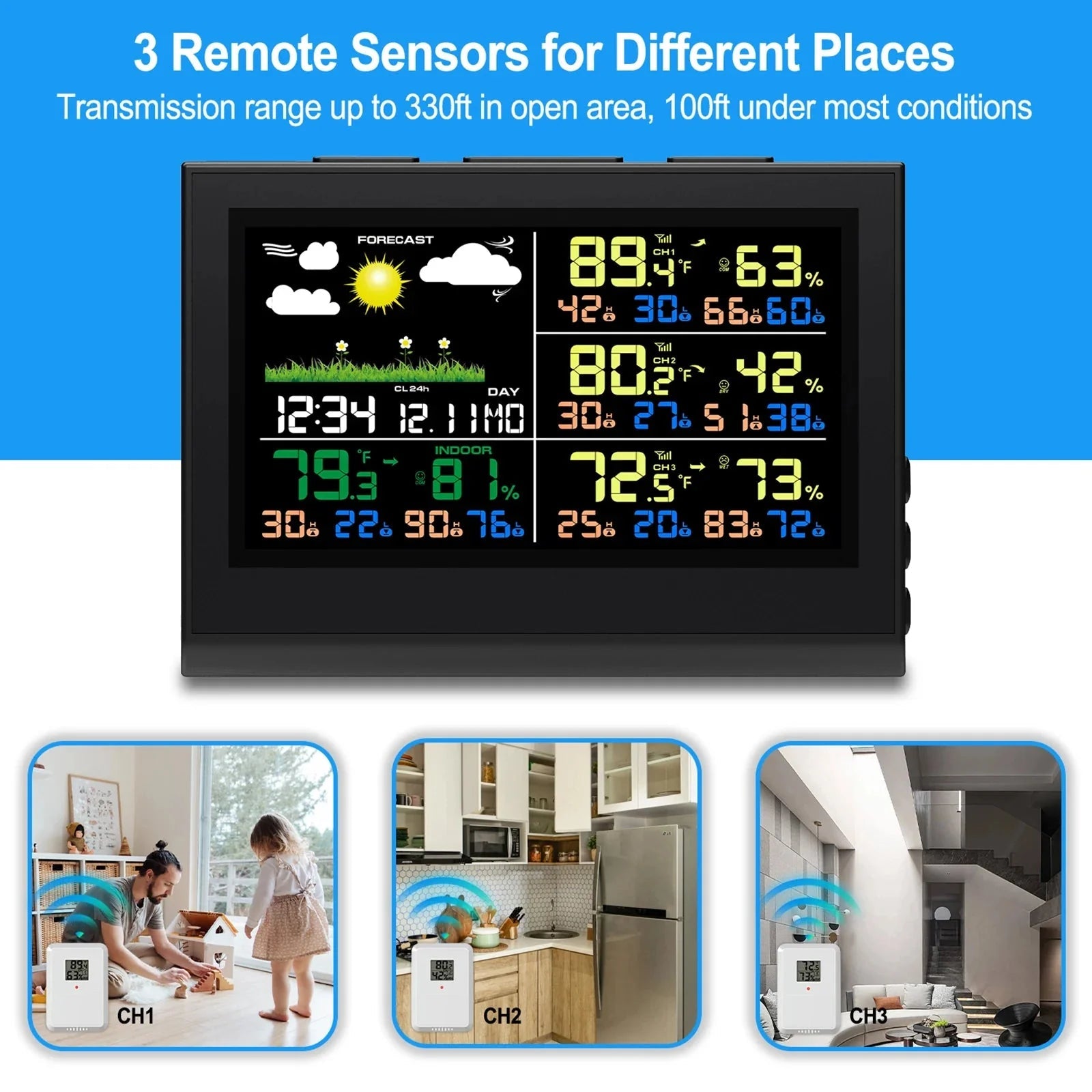 Smart Wireless Weather Station with 3 Sensors Large Color Display Indoor Outdoor Thermometer Hygrometer - GiftMira