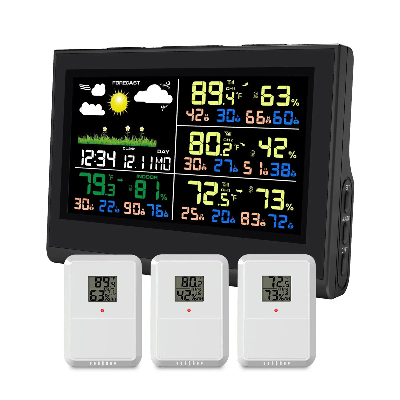 Smart Wireless Weather Station with 3 Sensors Large Color Display Indoor Outdoor Thermometer Hygrometer - GiftMira